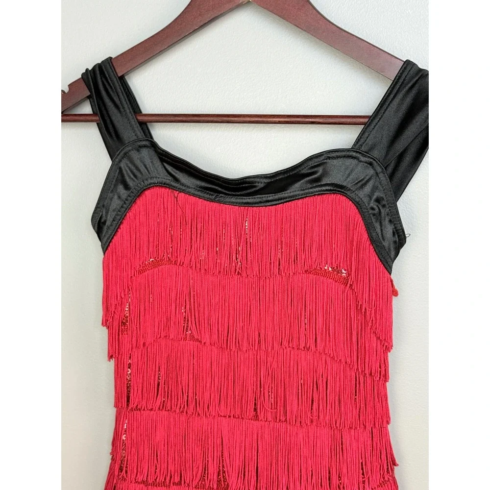 Weissman Dance Costume Dress Kids LC Red Nylon Spandex Fringe Sequin 8810
